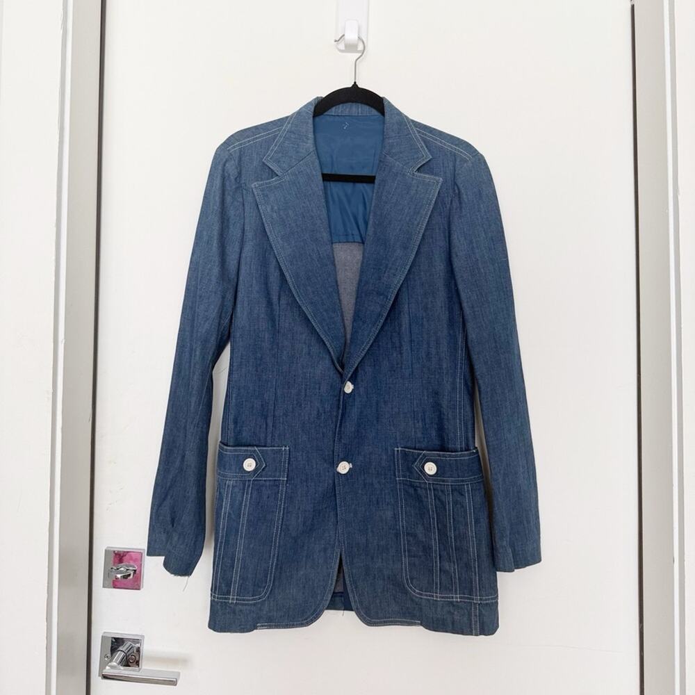 Vintage 70s Denim Long Blazer with White Stitching S/M